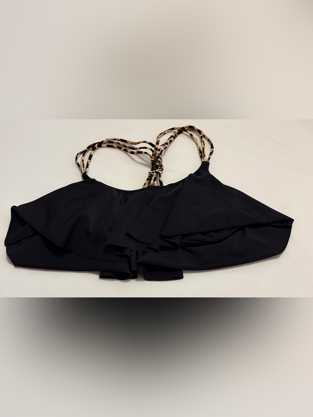 Black Flounce Swim Top with Leopard-Strap Detail